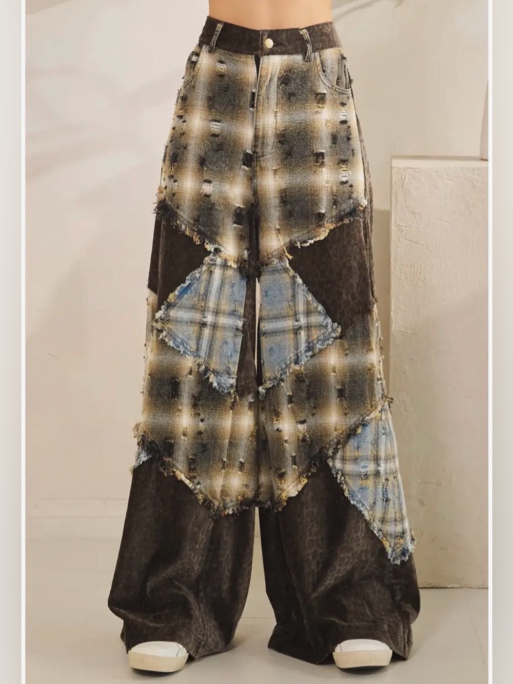 NEW Oli & Hali Washed Plaid Leopard Detail Patchwork Pants - Picture 3 of 10